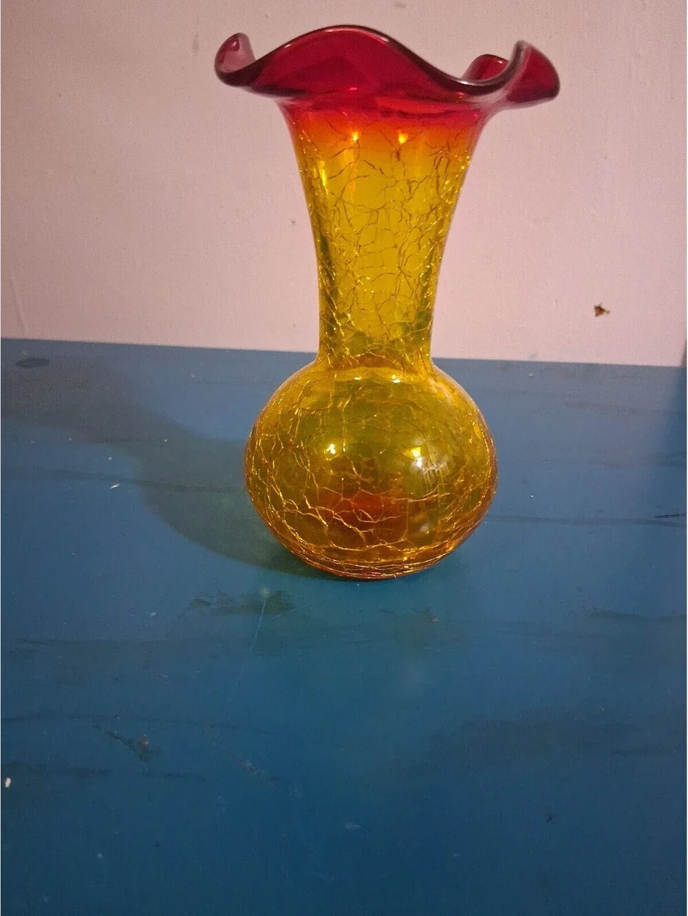 Vintage Crackle Glass Vase with Red and Yellow Gradient